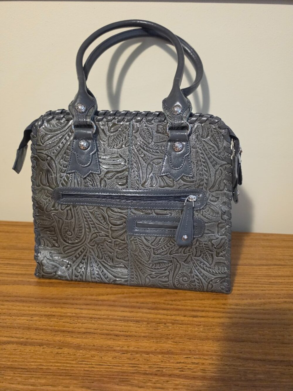 MC Tooled Genuine Leather Western Purse Satchel Olive Green Floral
